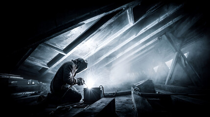 Industrial Welder Sparks Bright Light in Dark Construction Space