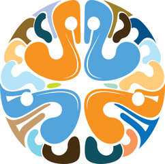 Abstract colorful circular pattern resembling a stylized brain or flower with organic shapes isolated on transparent background