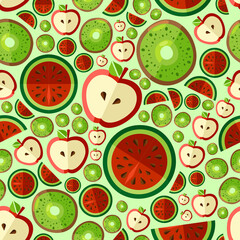 Seamless pattern with fruits (apple, watermelon, and kiwi)