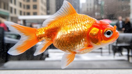 Vibrant Goldfish Swimming in Clear Water with Urban Background and Out-of-Focus Streetscape