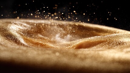 Golden Dust Explosion with Sparks and Soft Swirls on Black Background