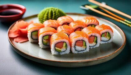a close up shot of neatly arranged sushi rolls on a ceramic plate with wasabi and ginger