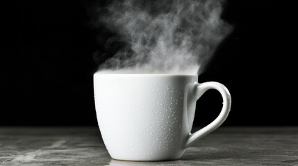 Freshly Brewed Coffee in White Cup with Steam Rising against Black Background