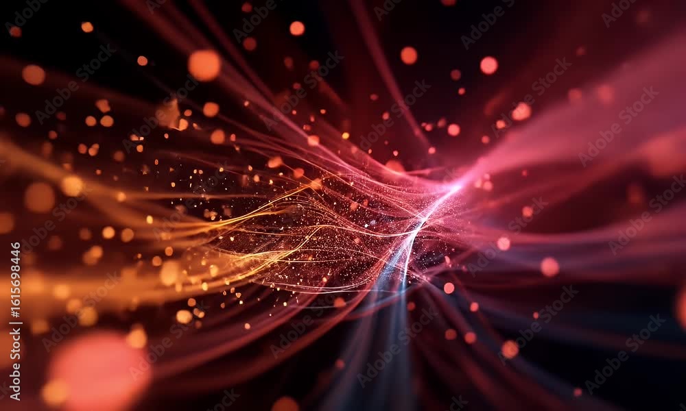 Poster abstract digital visualization of flowing particles and light flares in orange and red hues against 
