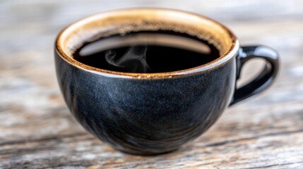 Freshly Brewed Black Coffee in Black Ceramic Cup with Steam Rising on Rustic Wooden Table