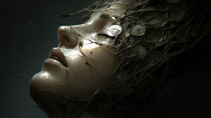 Futuristic Portrait of a Serene Woman Surrounded by Mysterious Clocks and Organic Elements in a Dark Atmosphere