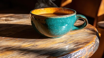 Steam Rising from Warm Cup of Coffee on Rustic Wooden Table Capturing Cozy Morning Vibes and Natural Light