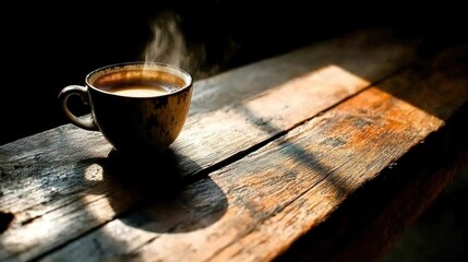 Hot Coffee in Rustic Cup on Wooden Surface with Steam Rising in Soft Morning Light
