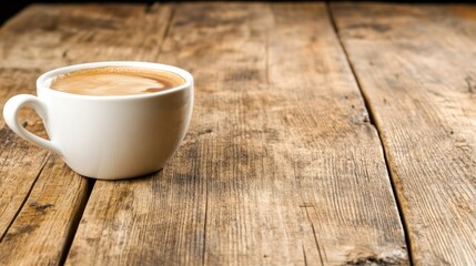 Cozy Coffee Moment with Warm Beverage in White Mug on Rustic Wooden Table Perfect for Relaxation and Enjoyment