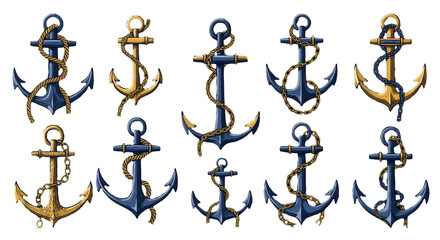 Pixel Illustration Of Various Blue And Gold Anchors On A Black Background