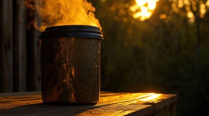 Steaming Container on Wooden Surface with Sunlight and Natural Background at Sunset