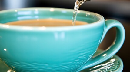 Hot Coffee Being Poured into a Bright Turquoise Cup with Saucer on a Wooden Table in a Cozy Cafe Setting