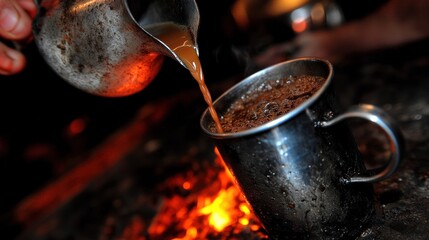 Hot Beverage Being Poured from Metal Container into Outdoor Cup by Firelight in Rustic Setting