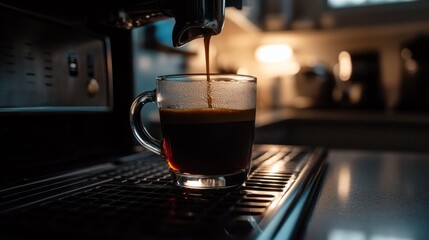 Espresso Pouring Into Glass Cup on Coffee Machine with Blurred Background of Modern Kitchen Setting