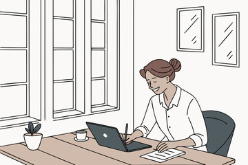business Woman working on laptop by window, smiling, home office setting