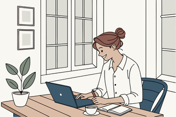 business Woman working on laptop by window, smiling, home office setting