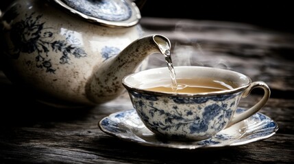 Vintage teapot pouring steaming tea into delicate cup on rustic wooden table
