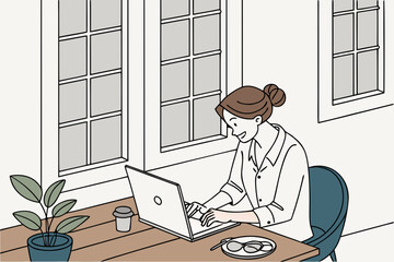 business Woman working on laptop by window, smiling, home office setting