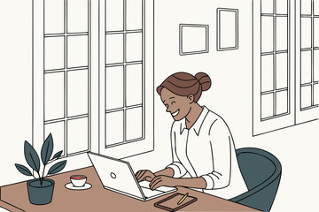 business Woman working on laptop by window, smiling, home office setting