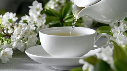 Serenity with Floral Accents in a Tea Pouring Scene Featuring a White Cup and Teapot Decorated with Blossoms