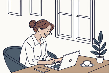 business Woman working on laptop by window, smiling, home office setting