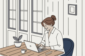 business Woman working on laptop by window, smiling, home office setting