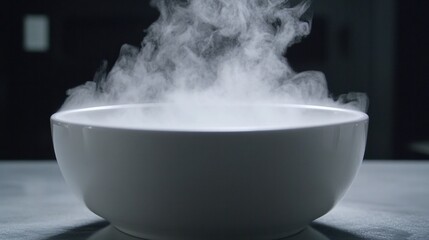 Steam Rising from a White Bowl in a Dimly Lit Kitchen Setting Creating an Atmospheric Culinary Scene