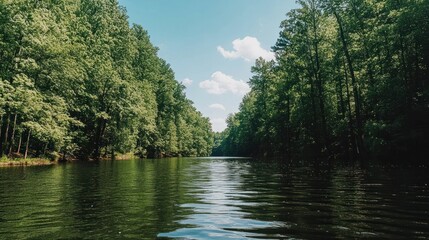 Serene Forest River with Lush Greenery and Reflective Water Under Bright Blue Sky
