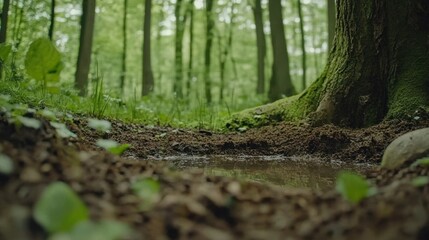 Tranquil Forest Scene with Mossy Tree, Reflections in Water, and Lush Green Foliage in Early Spring