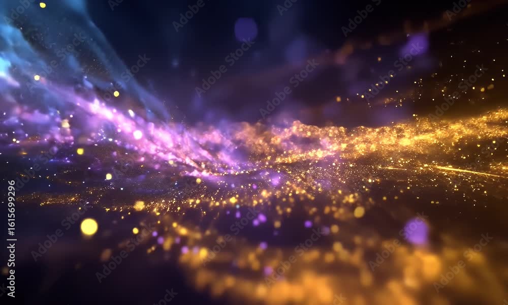 Aufkleber abstract dynamic particle flow with glowing golden and blue hues on dark background