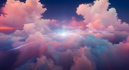 Dreamy skyscape featuring fluffy pink and white clouds illuminated by a bright, ethereal light source in the distance, creating a serene and otherworldly atmosphere.
