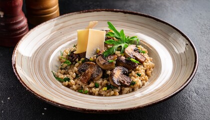gourmet grilled mushrooms and pearl barley dish with fresh herbs and cheese