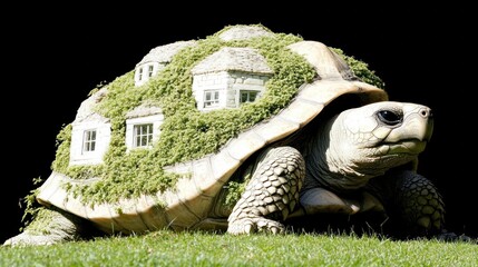 Turtle with Creative Decorated Shell Featuring Small Houses and Greenery on Black Background