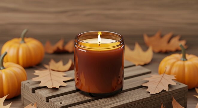 A cozy autumn scene featuring a lit candle in a glass jar, surrounded by pumpkins and dry fall leaves on a rustic wooden crate for a warm seasonal ambiance.