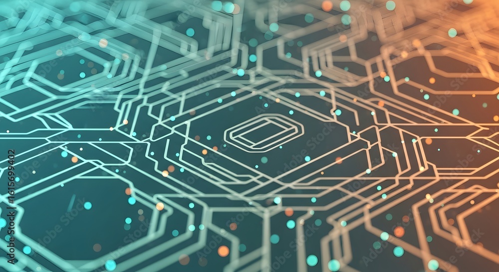 Poster abstract close-up of a complex circuit board pattern with glowing lines and dots in shades of blue, 