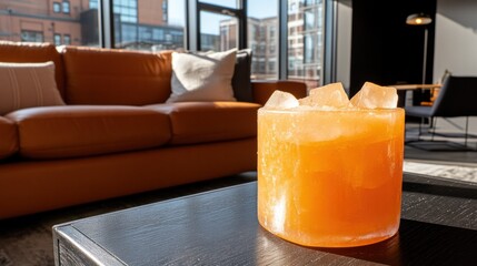 Refreshing Orange Cocktail on Table in Modern Living Room with Natural Light and Cozy Sofa