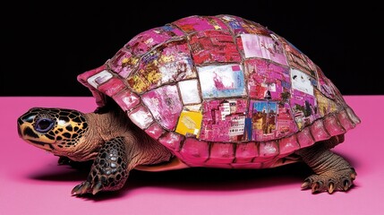 Colorful Creative Turtle with Mosaic Shell Displaying Artistic Design on Vibrant Pink Background