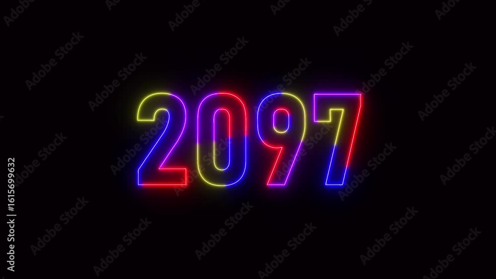 Poster 2097 neon line text. abstract 2097 neon text animation ,for neon color glowing neon number text back