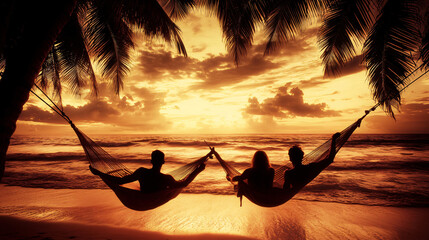 Two friends relaxing in hammocks on a sunny beach with ocean waves crashing in the background