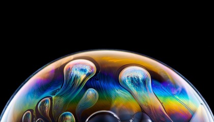iridescent soap bubbles merging together against a stark black background in a close up view