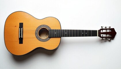 Obraz premium A classical guitar with a natural finish and black fretboard, displayed on a white background.