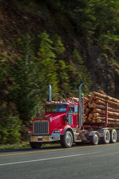Red logging truck hauling timber through scenic forested mountains near Hurricane Ridge, Washington. Iconic American transport along curving rural highway in daylight.