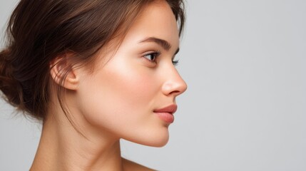 A young woman poses in profile, highlighting her graceful features and clear complexion. Soft lighting illuminates her face, emphasizing her elegant jawline and serene expression