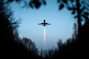 Obraz premium Airplane climbs into the dusk sky over the forest
