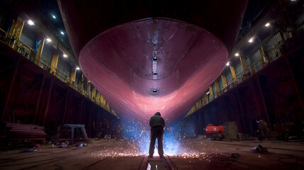 Ship Repair with Welder Inside Dry Dock with Sparks