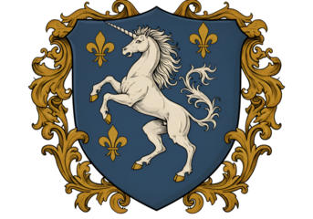 Medieval Heraldry Illustration Featuring Majestic Unicorn Emblem on Blue Background