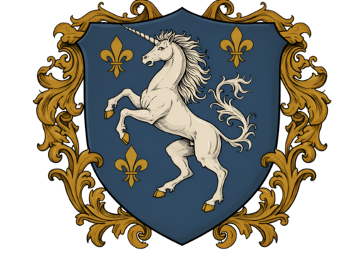 Medieval Heraldry Illustration Featuring Majestic Unicorn Emblem on Blue Background