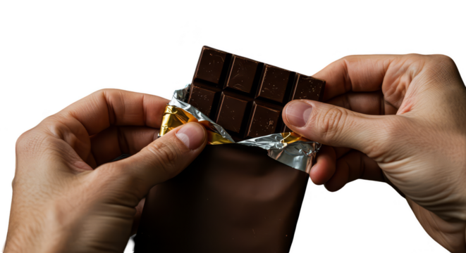 Photo of Hands Unwrapping Dark Chocolate Bar on Black Background