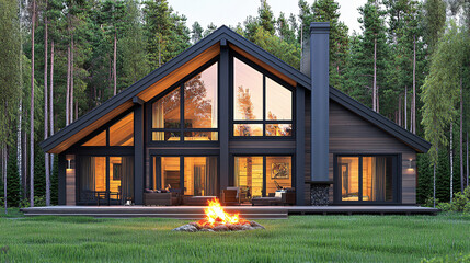 Charming house with a cozy fire pit in the backyard surrounded by lush greenery and evening ambiance