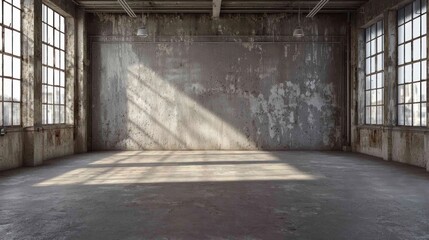 Obraz premium A large, empty, industrial-style room with concrete floors and walls, large windows, and industrial lighting fixtures.
